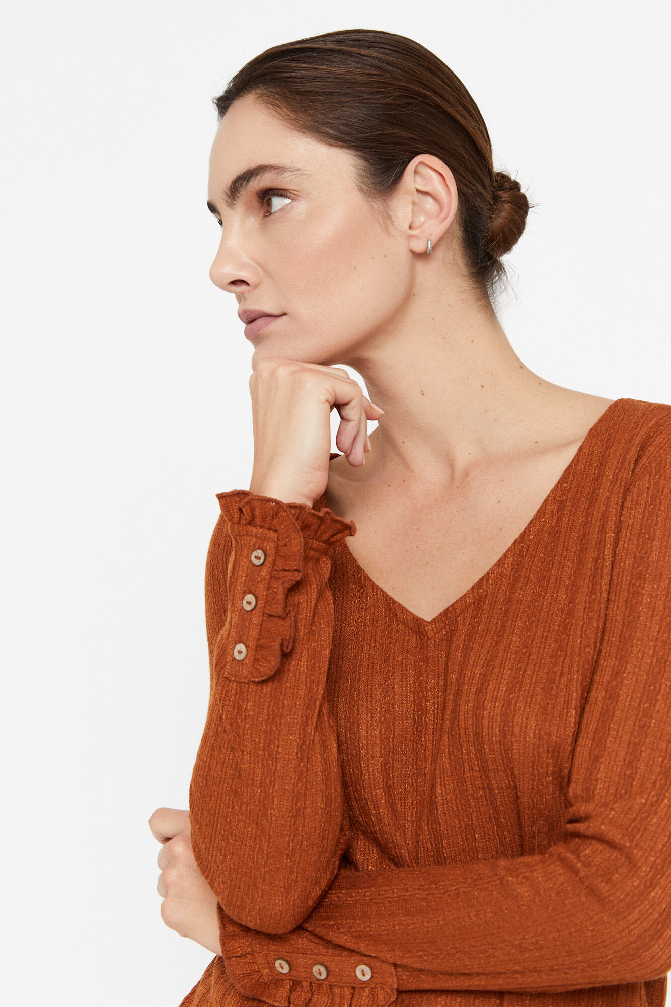 Blusa de malha com punhos franzidos - Cor Camel