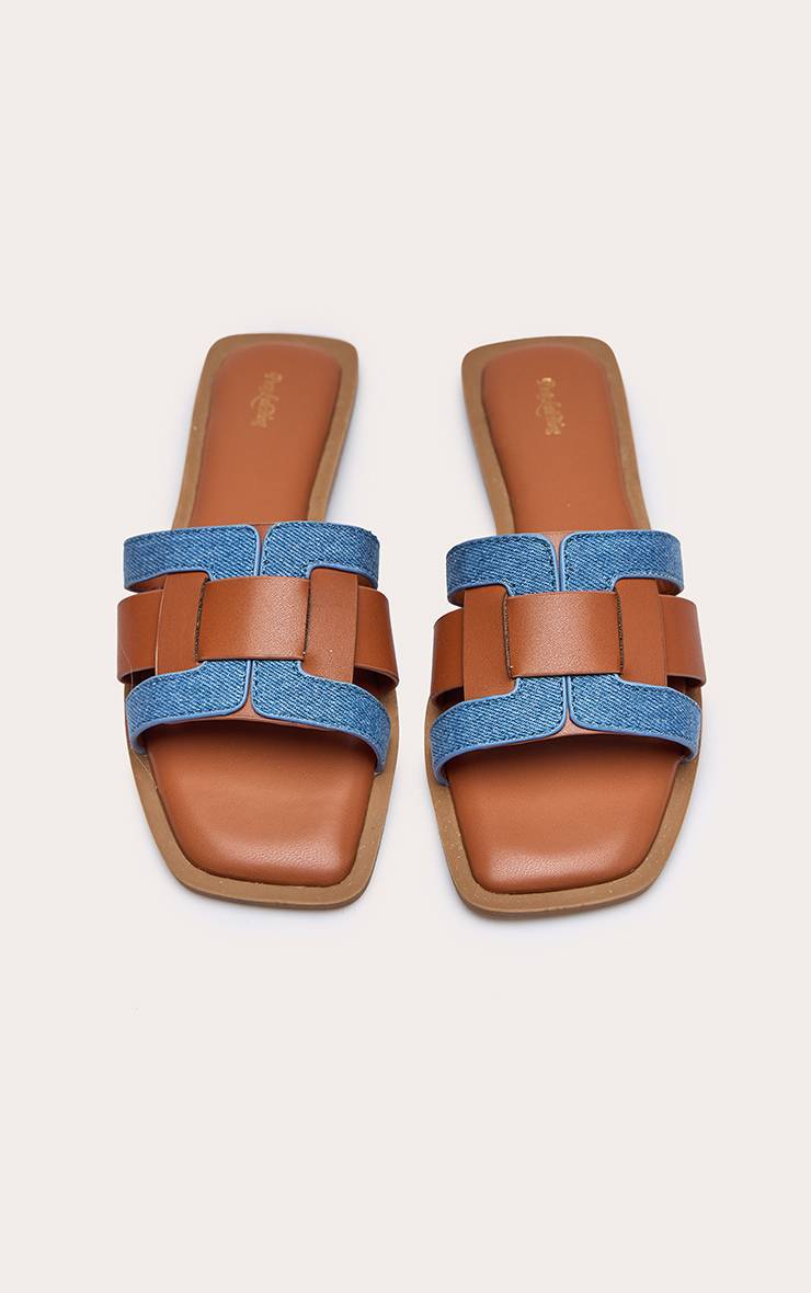Marron Sandales Mules Plates À Lanières Multiples En Synthétiquecuir Et Denim