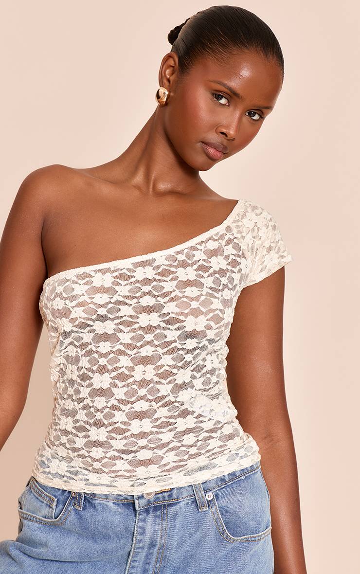 Crème Haut Long En Dentelle Texturée À Encolure Asymétrique