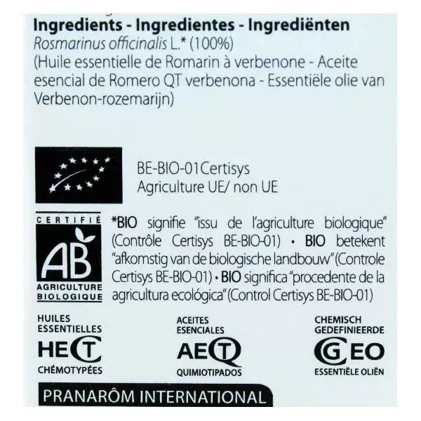 Óleo Essencial de Alecrim e Verbenona Orgânico Pranarom 5ml