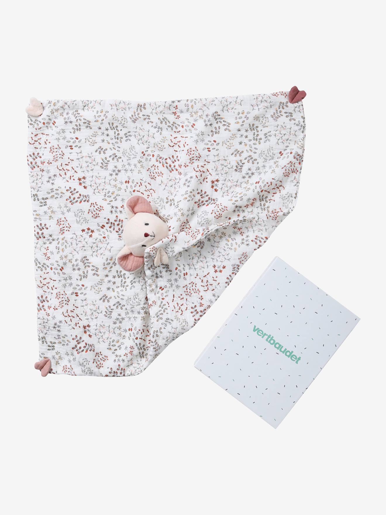 Doudou quadrado de gaze de algodão, liso, tamanho médio, branco, com estampas.