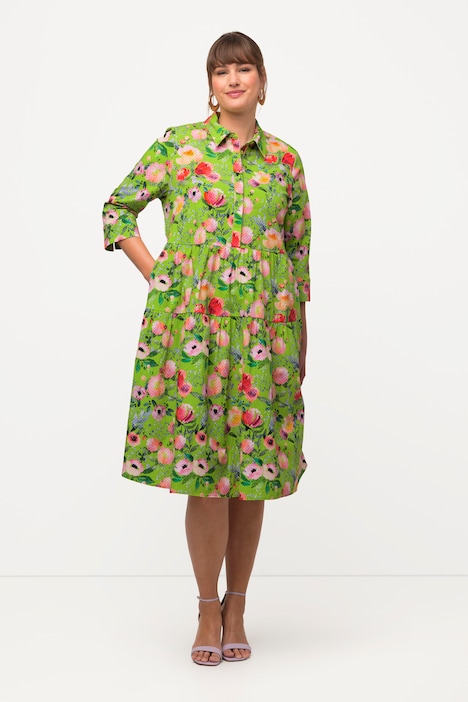 Hemdblusenkleid, Blumen, A-Linie, Hemdkragen, 3/4-Arm