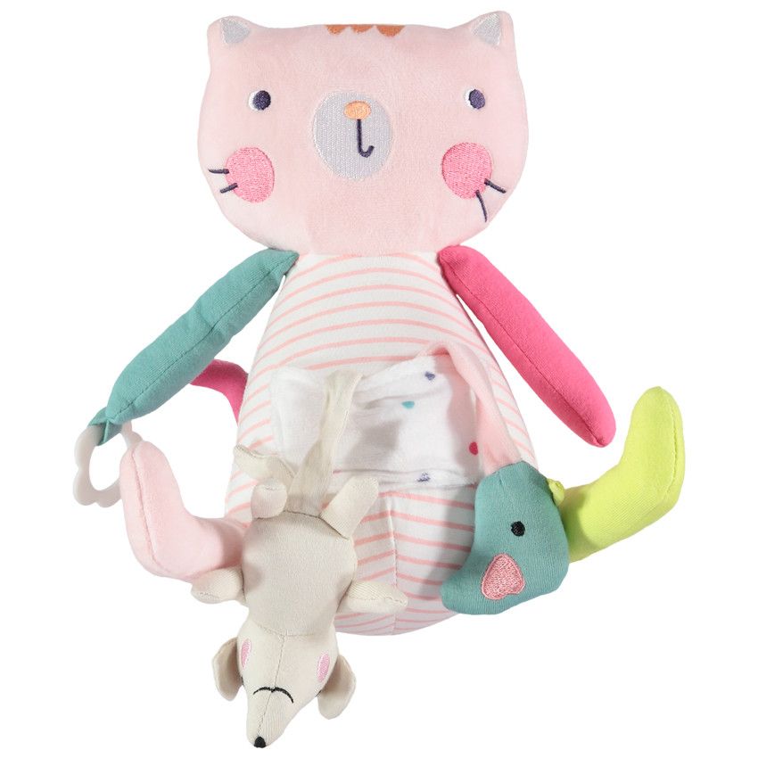 Peluche d'activités forme chat en velours avec souris - Rose