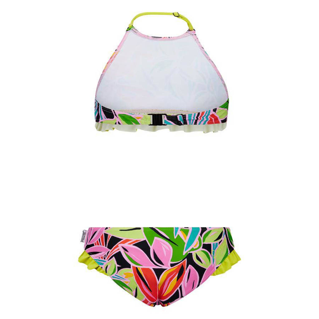 crop bikini Bettina met ruches zwart/limegroen/roze