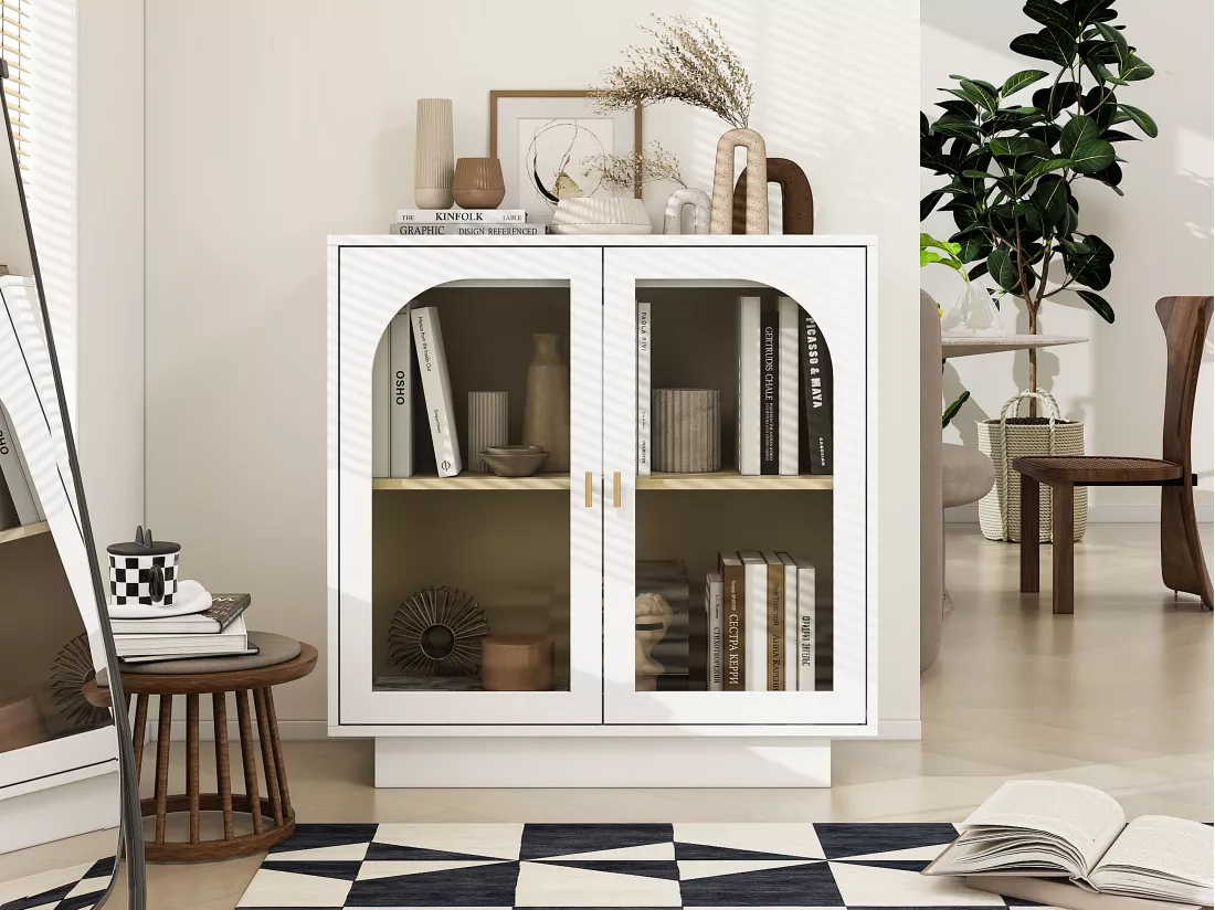 Armoire à double porte blanche avec éléments arrondis, 80 cm de long, pour chambre, bureau, salon et autres espaces
