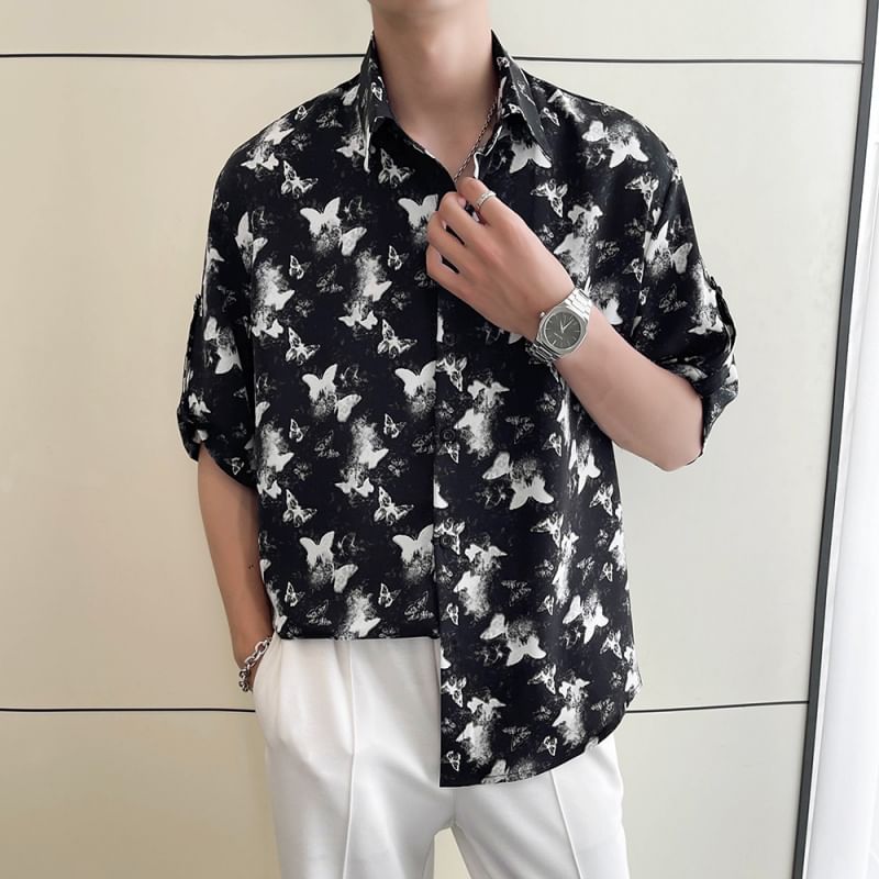 Orungeetun - Elleboogmouw vlinderprint shirt