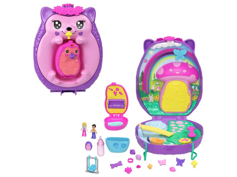 Polly Pocket Spielset Igel-Mama & Baby Schatulle Handtaschen-Spielset mit 2 Puppen & 16 Accessoires inklusive Haustieren