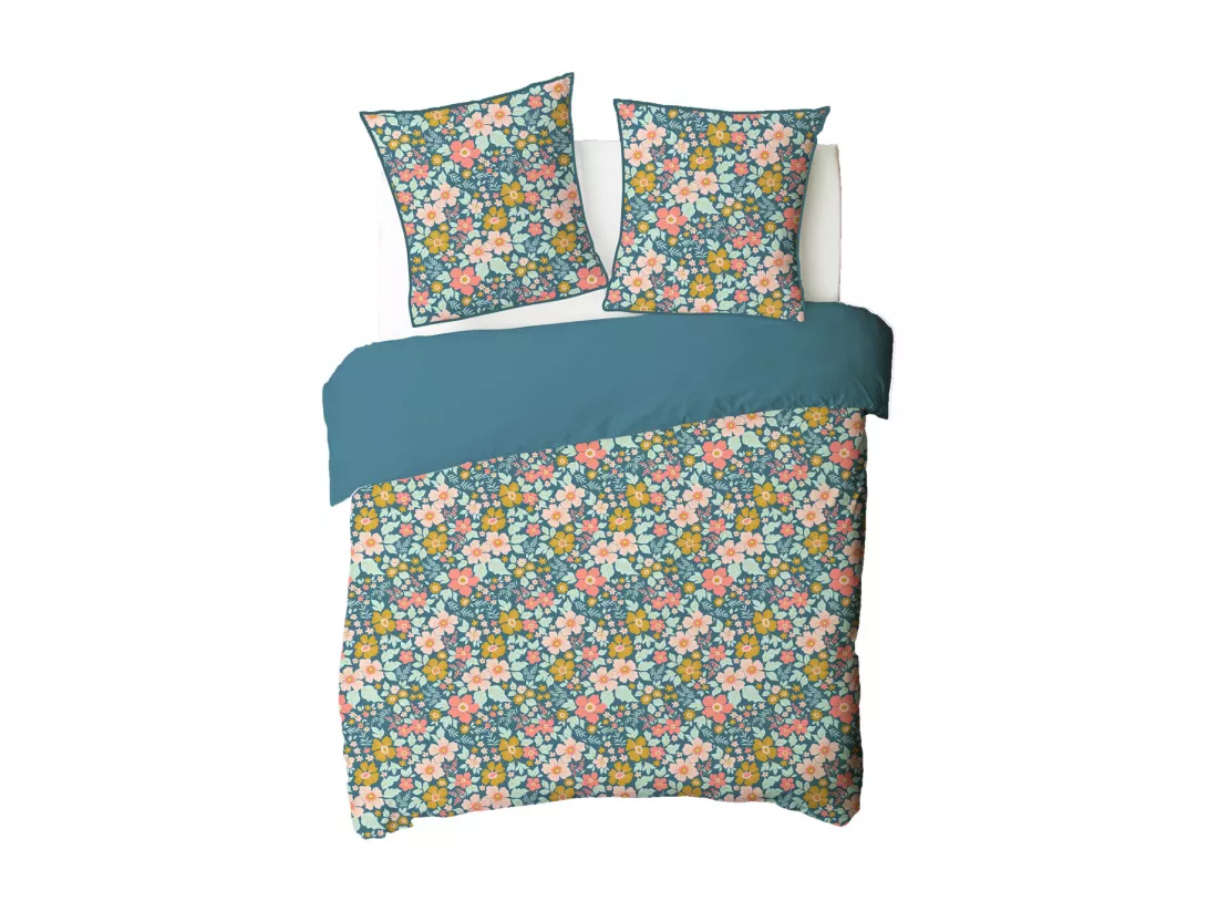Parure de lit 2 personnes en coton 57 fils imprimé bleu 240x220cm