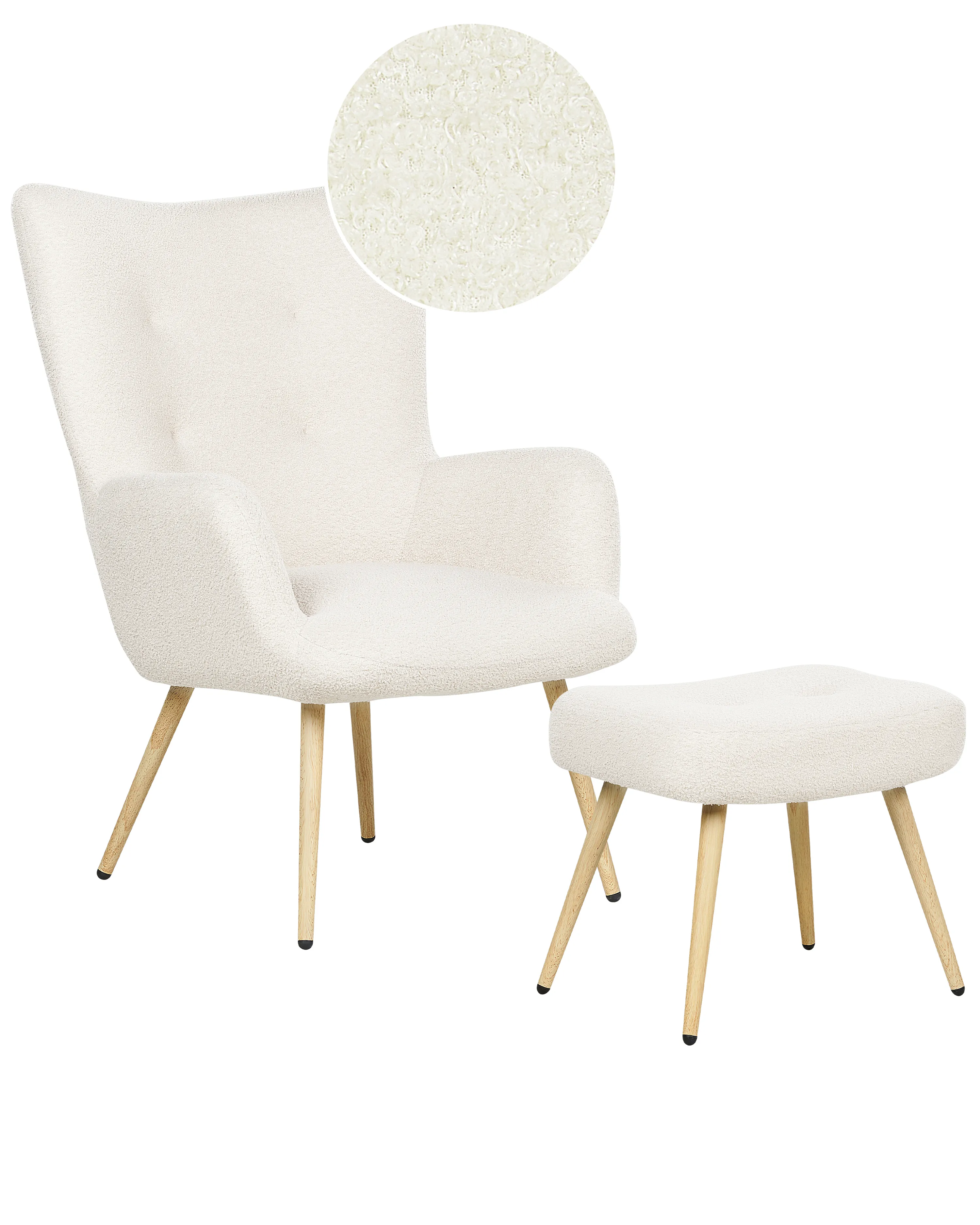 Oorfauteuil VEJLE met voetenbank Bouclé Gebroken wit