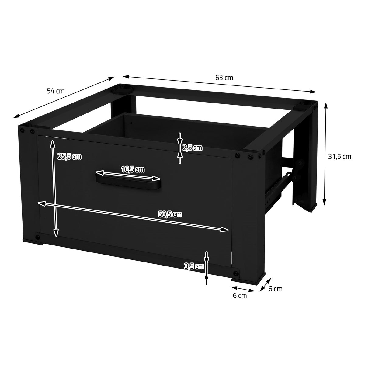 ML-Design Wasmachine Onderstel met Lade 63x54cm Staal Zwart tot 150kg, Wasmachinekast, Stabiele Wasmachine Onderstel, H=31,5cm Voetstuk Verlengstuk voor Droger/Koelkast