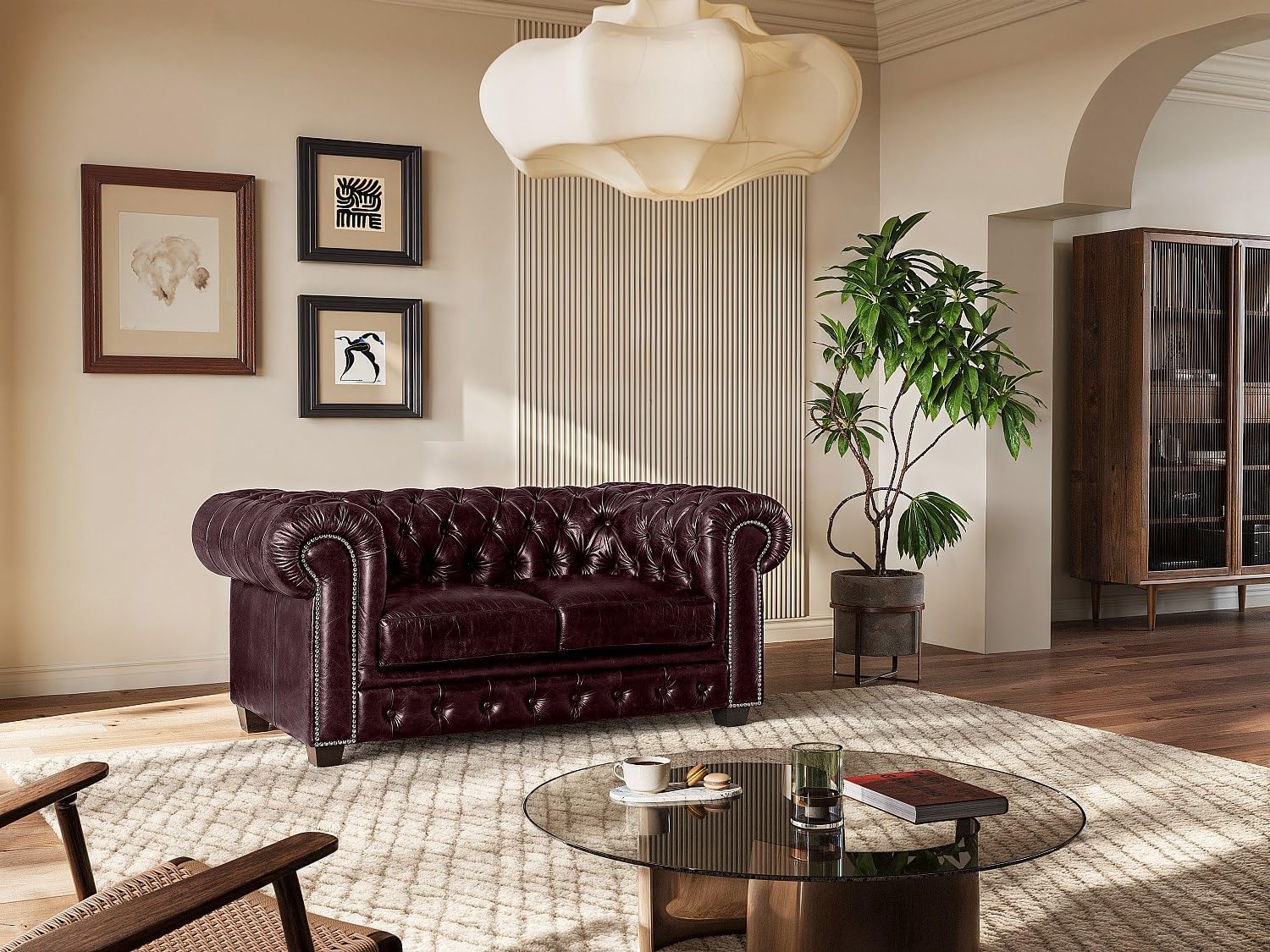 Vente-unique Chesterfield Ledersofa 2-Sitzer Brenton - Vintage Leder - Rot-Schwarz