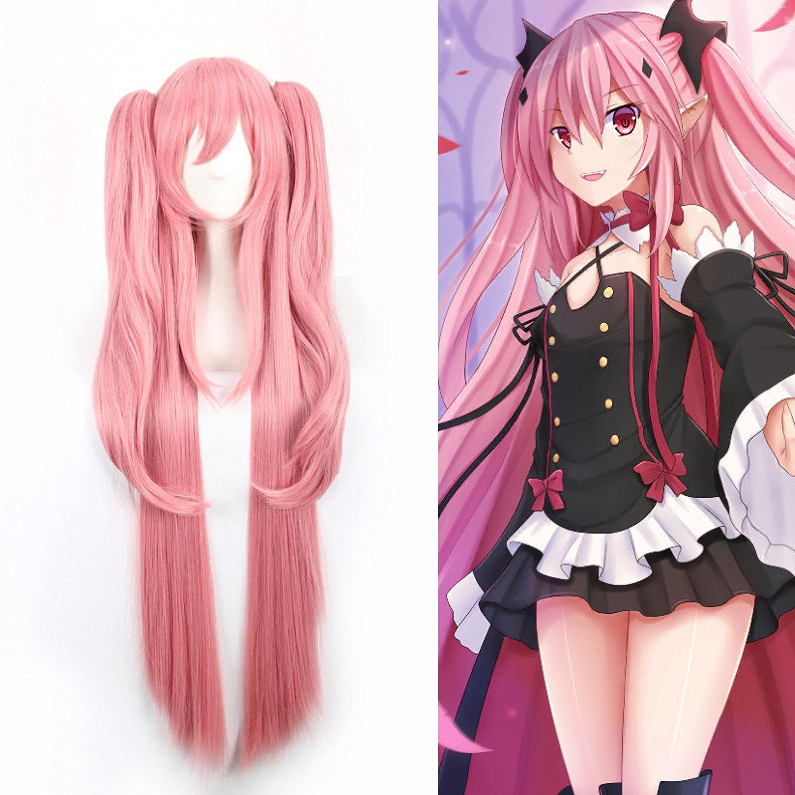 (85cm) Anime Cosplay Perücke mit Zöpfe Krul Tepes Fasnacht Kostüm Zubehör Motto Party / Halloween Accessoire inkl. Haarnetz - Pink