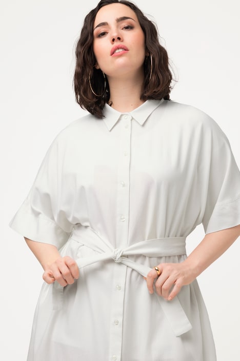 Midikleid, Leinenmix, Hemdkragen, Gürtel, Halbarm