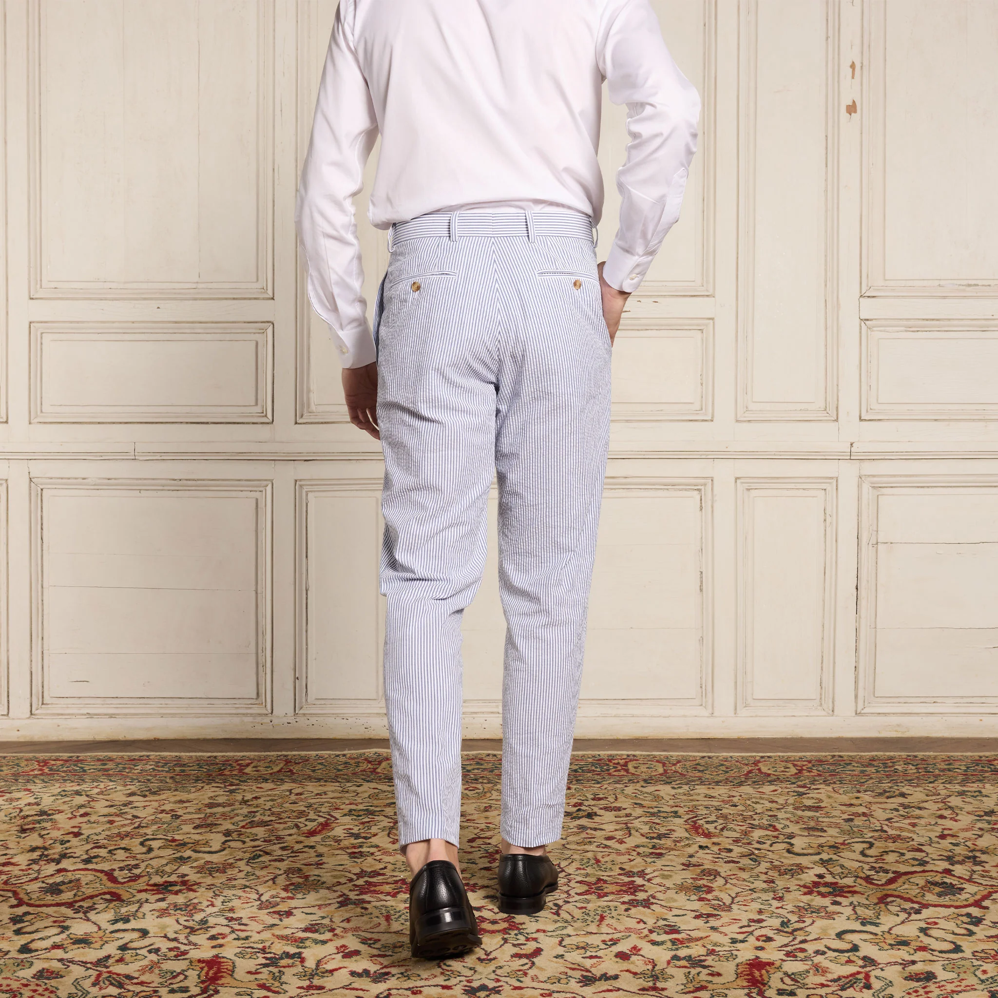 Blue Striped Seersucker Pleated Trousers