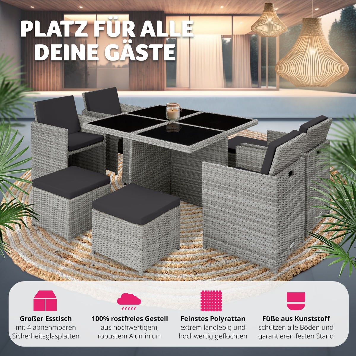 tectake Manhattan rotan zitgroep met aluminium frame, 2 sets hoezen, inklapbaar, inclusief beschermhoes