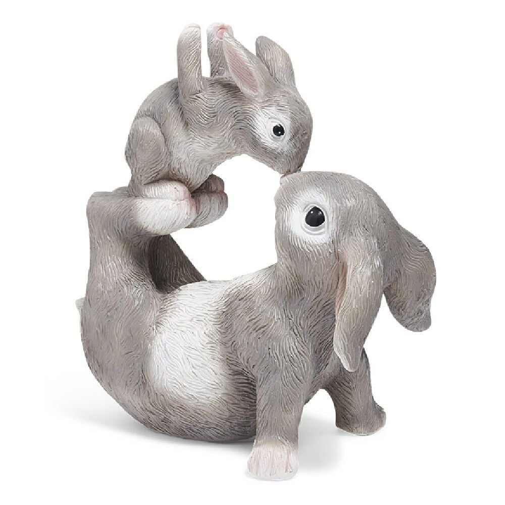 Lapin et son bébé décoration gris et blanc en résine