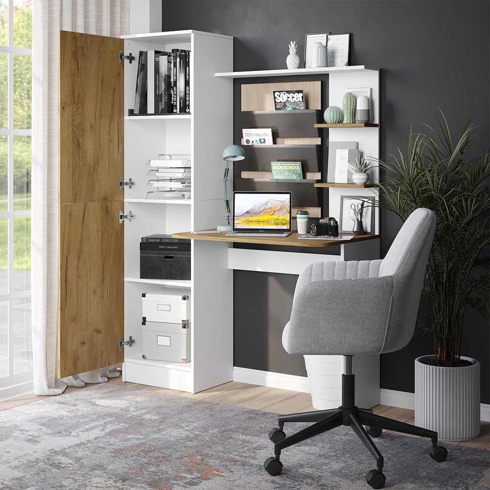 Vicco Schreibtisch Tessa, Arbeitstisch für das Büro, Weiß/Goldkraft Eiche, 122.9 x 33.4 cm