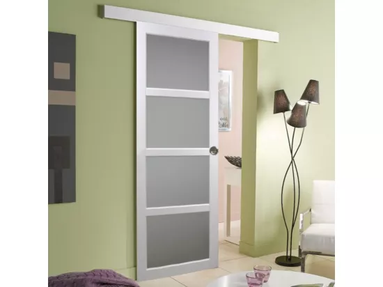 Porte Coulissante Tana Blanc Vitrée H204 X L63 + Rail Alu Et 2 Coquilles Gd Menuiseries