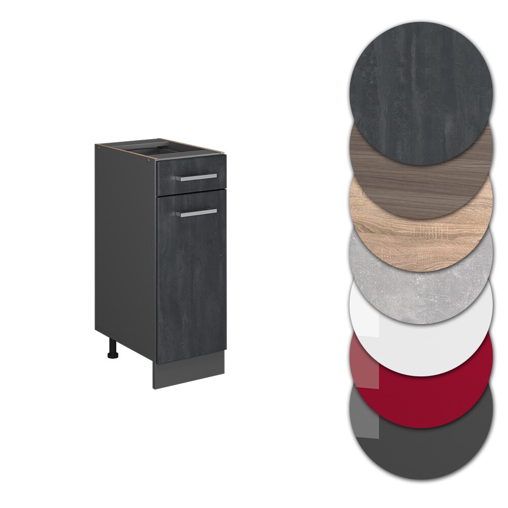 Vicco Schubunterschrank R-Line Schwarz Beton Anthrazit 30 cm mit Arbeitsplatte Weiß-Marmor