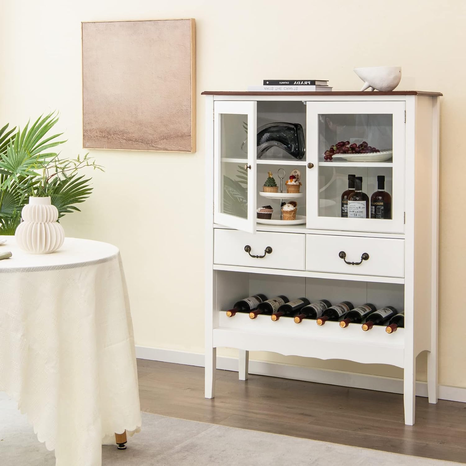 GIANTEX Weinschrank Weinregal Sideboard, Küchenschrank Buffetschrank mit 2 Glastüren & 2 Schubladen, Flaschenregal für 8 Flaschen, Aufbewahrungsschrank mit Kippsicherung, Vitrinenschrank 90x40x126,5cm