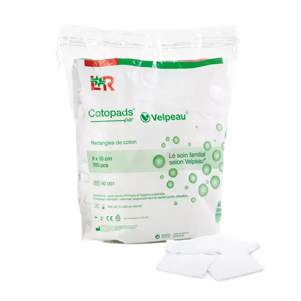 Velpeau Cotopads Rectangles Coton Non Stérile 8x10cm - 100% Coton Lot de 3 x 200 unités