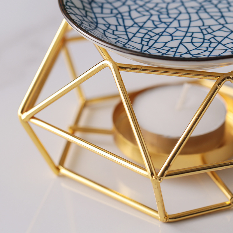 Keramik Aroma Duftlampe mit Edelstahl Teelicht Halterung - Gold / Weiss