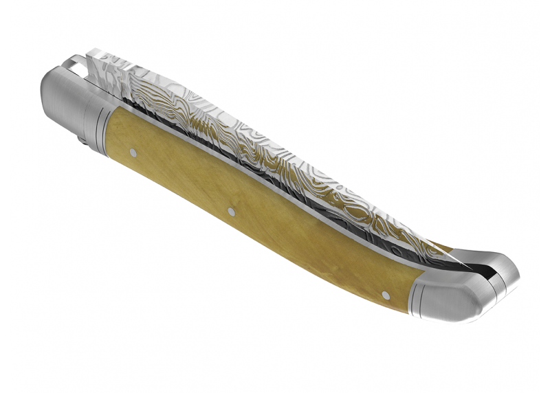 Couteau Laguiole collection damas avec un manche en buis et 2 mitres en acier inoxydable