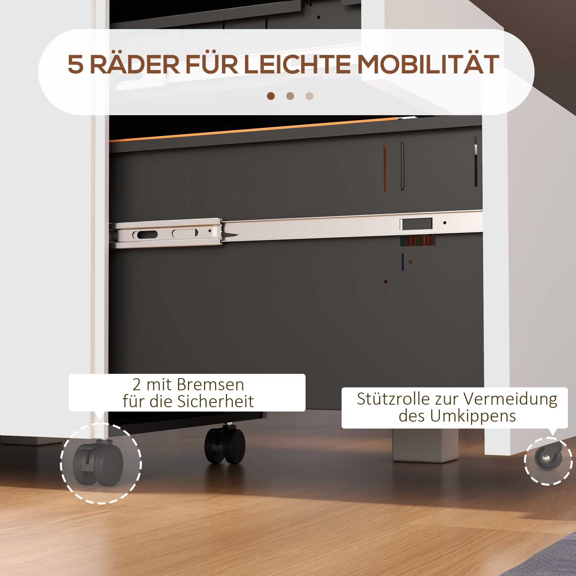 Vinsetto Rollcontainer mit 3 verschließbaren Schubladen weiß 37L x 43,5B x 60H cm
