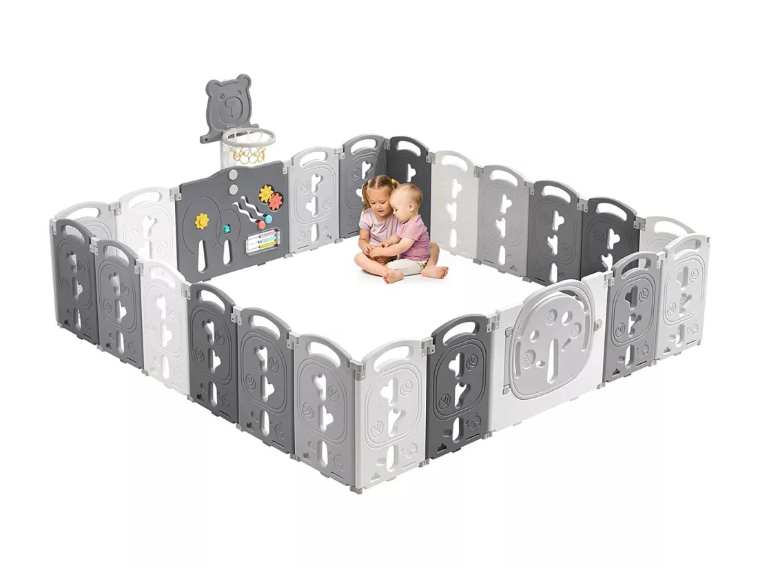 Yoleo Grand Parc Bébé Pliable gris, 20+2 panneaux modulable plastique écologique, avec Panier de Basket, 230x230x60cm