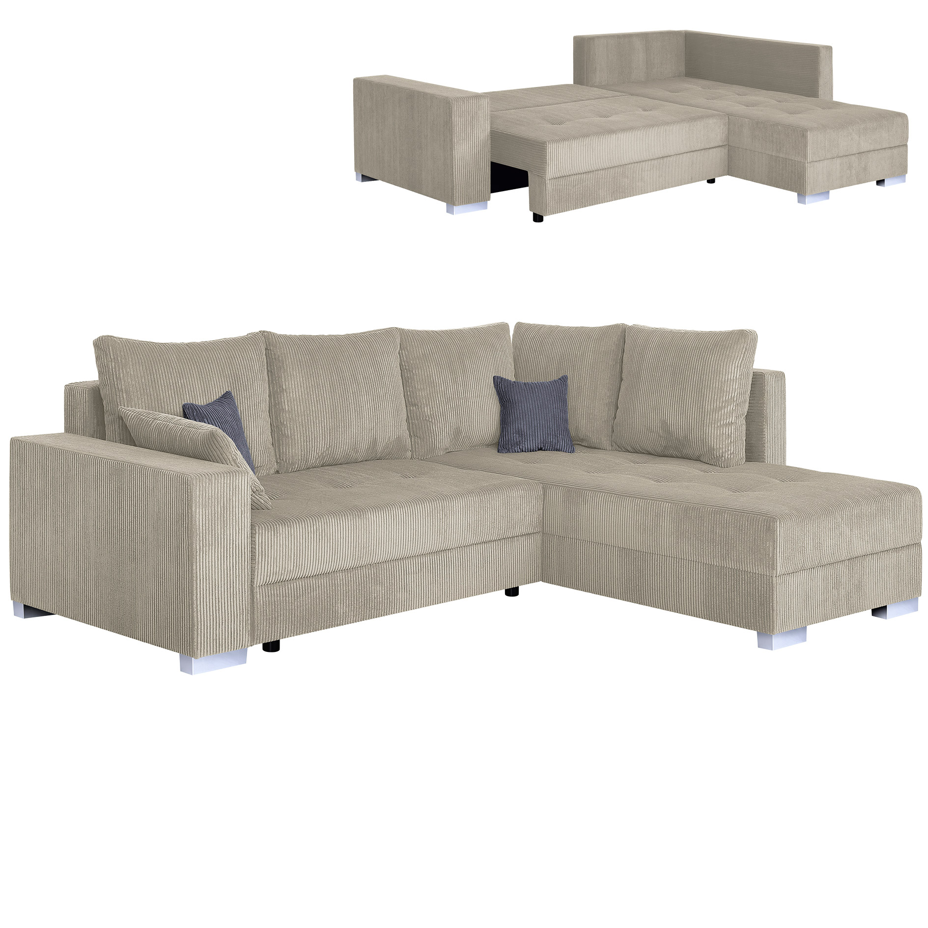 Ecksofa - cream - Cord - Liegefunktion - beidseitig montierbar
