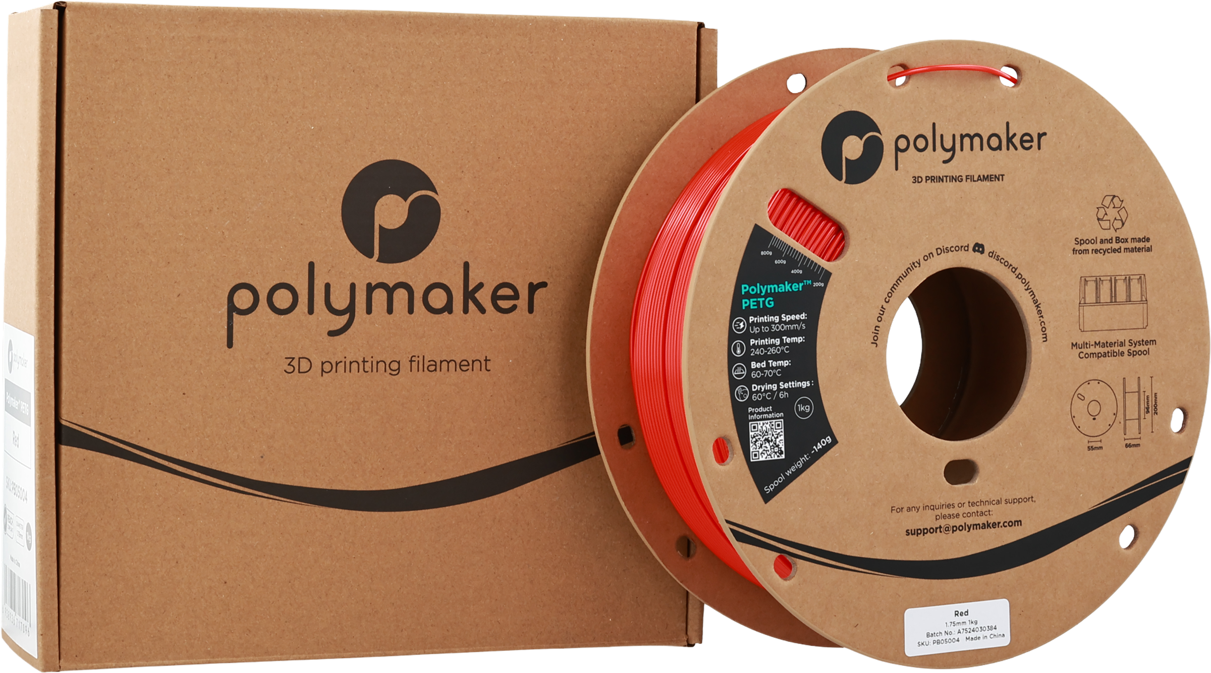 Polymaker  PETG Red, 1,75 mm / 1000 g    Robustes PETG optimiert für High Speed Druck in Red