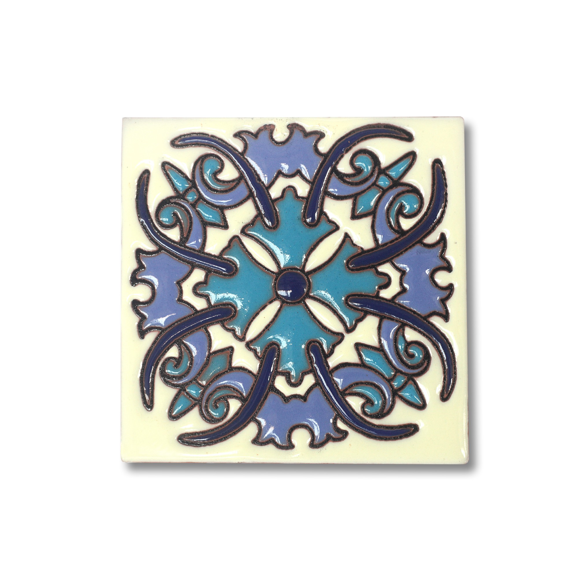 Reliefkachel 'Flor', weiß, blau, T 10 cm, B 10 cm, H 0,5 cm von fischer's lagerhaus