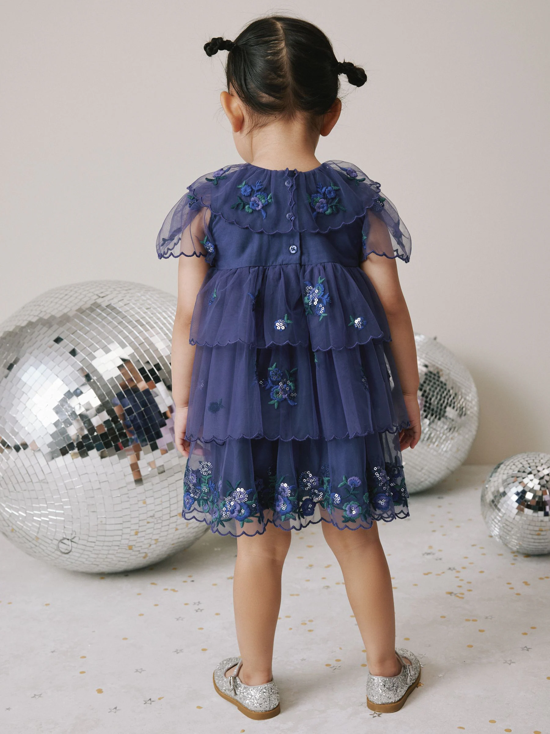 Blauw versierd - Mesh strokenjurk (3 mnd-7 jr)