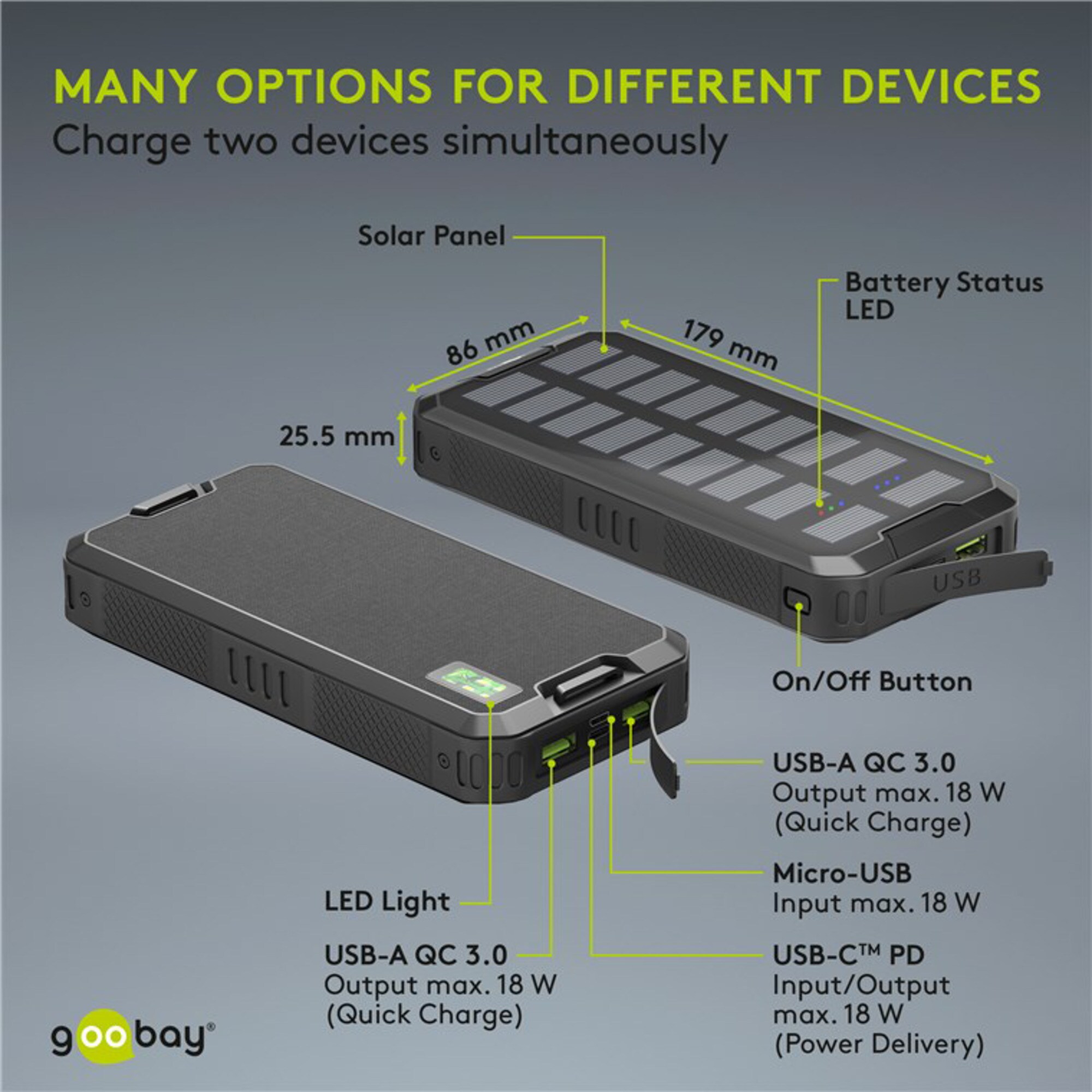 goobay Powerbank Outdoor Schnelllade-Powerbank 20.000 mAh mit Solar