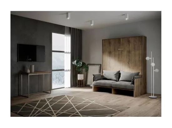 Lit escamotable vertical noyer avec canapé tissu Bounto-Couleur Microfibre 41-160x190