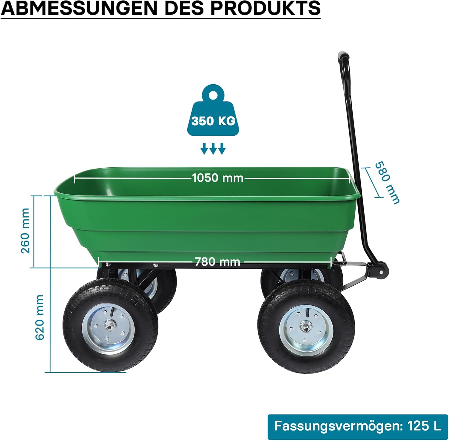Wiltec Gartenwagen mit Kippfunktion bis 350 kg, Handwagen mit 125 l Volumen, Bollerwagen für Gartenarbeit, Handkarren für u. a. Rasen, Kies, Schlamm