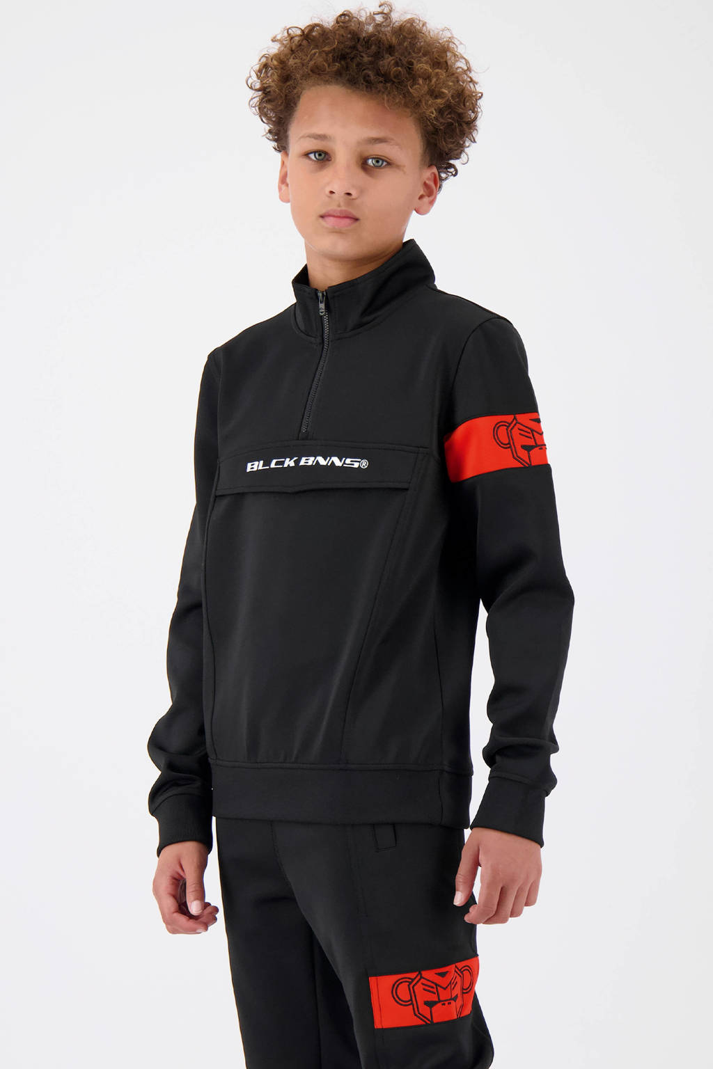 BLACK BANANAS sweater JR. COMMANDER TRACKTOP met contrastbies en borduursels zwart/rood