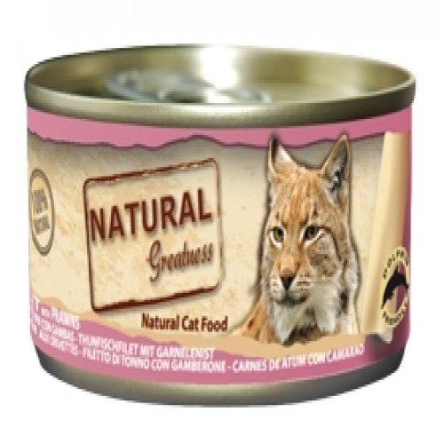 Pacote com 12 latas de comida úmida para gatos, sabor atum e camarão.