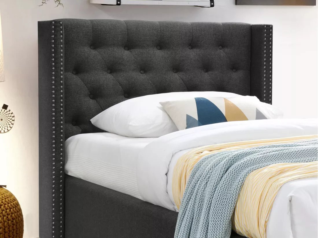 Lit 90 x 200 cm avec tête de lit capitonnée - Tissu - Gris + Matelas - MASSIMO II