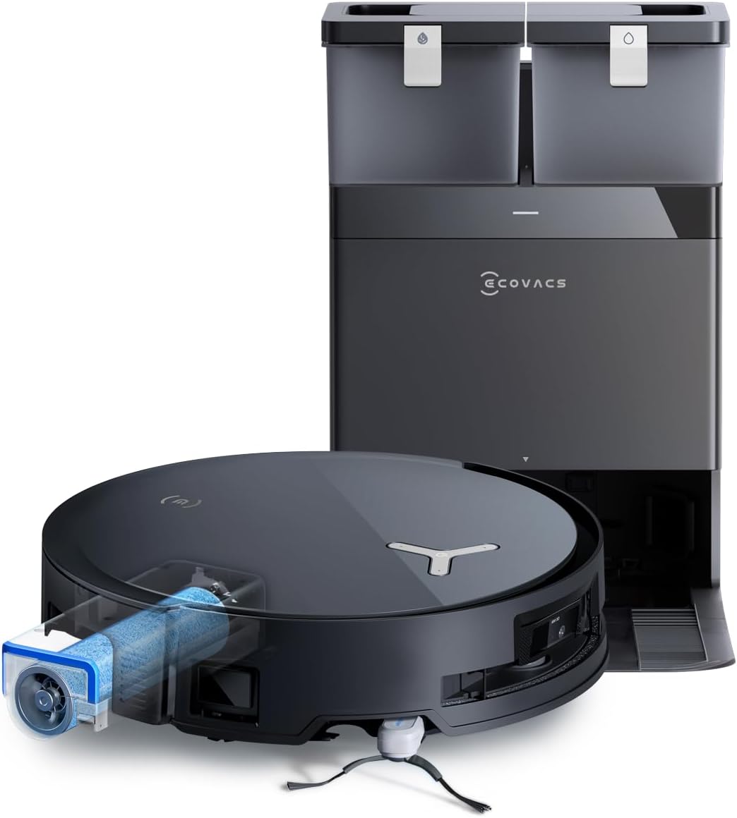 ECOVACS DEEBOT X8 OMNI Saugroboter mit Wischfunktion, 18.000 Pa, OZMO ROLLER Wischwalze mit kontinuierlicher Frischwasser-Selbstreinigung, Moppwäsche mit 75°C heißem Wasser, Heißlufttrocknung, Schwarz