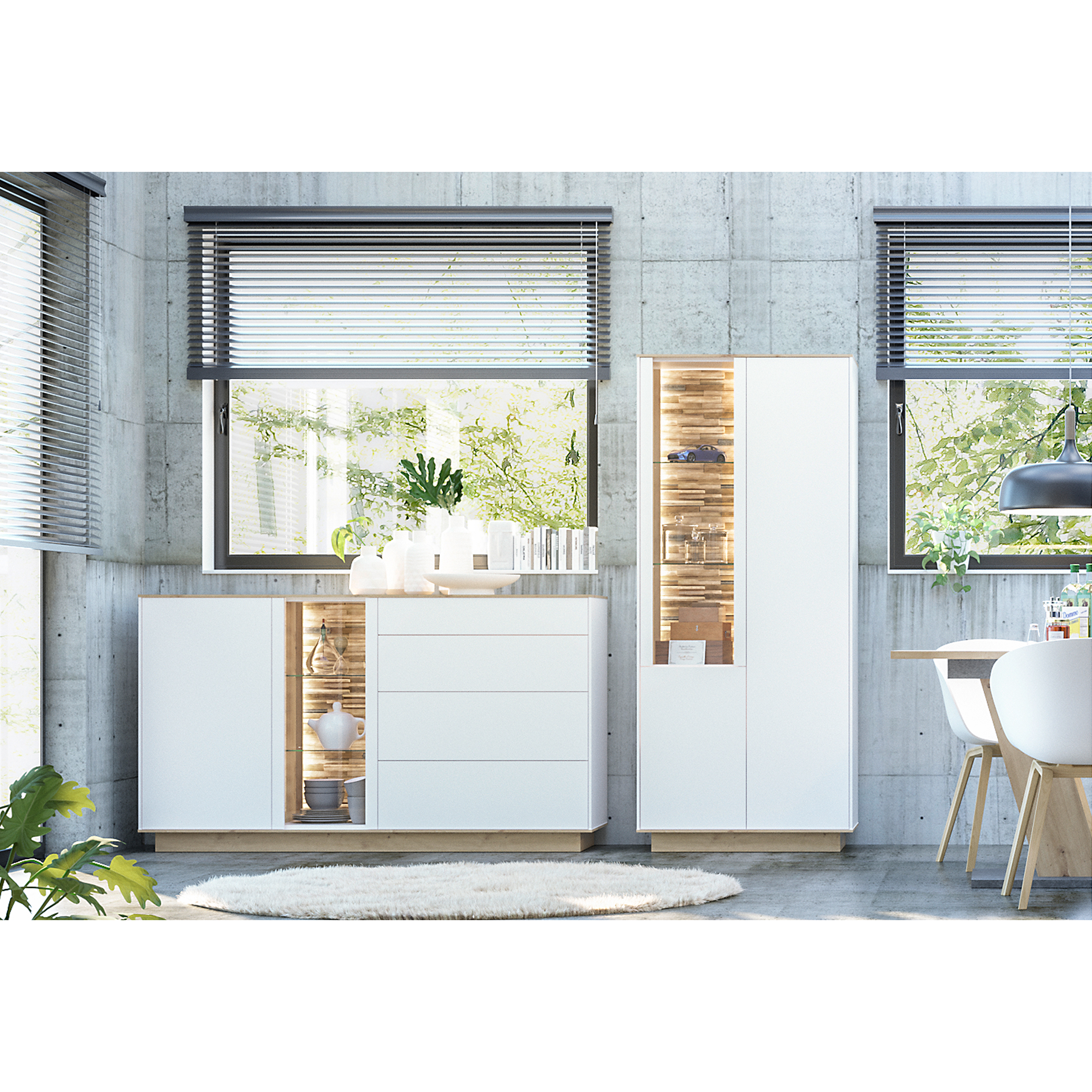 Vitrinenschrank - weiß matt - Asteiche - 86 cm breit