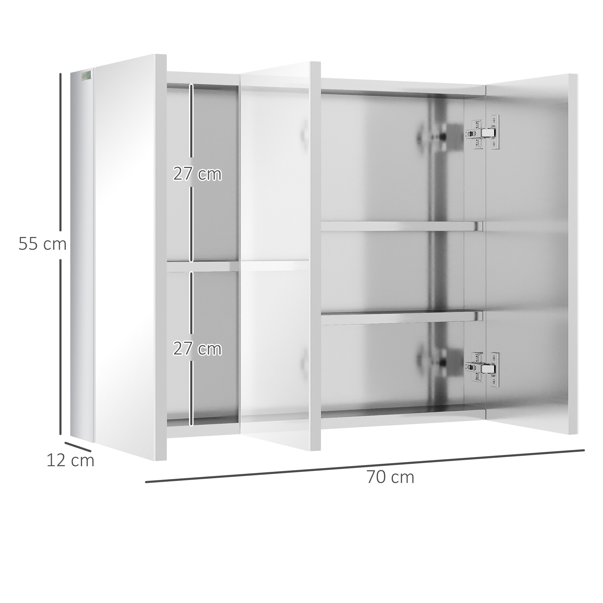 kleankin Spiegelschrank mit drei Türen silber 70L x 12B x 55H cm