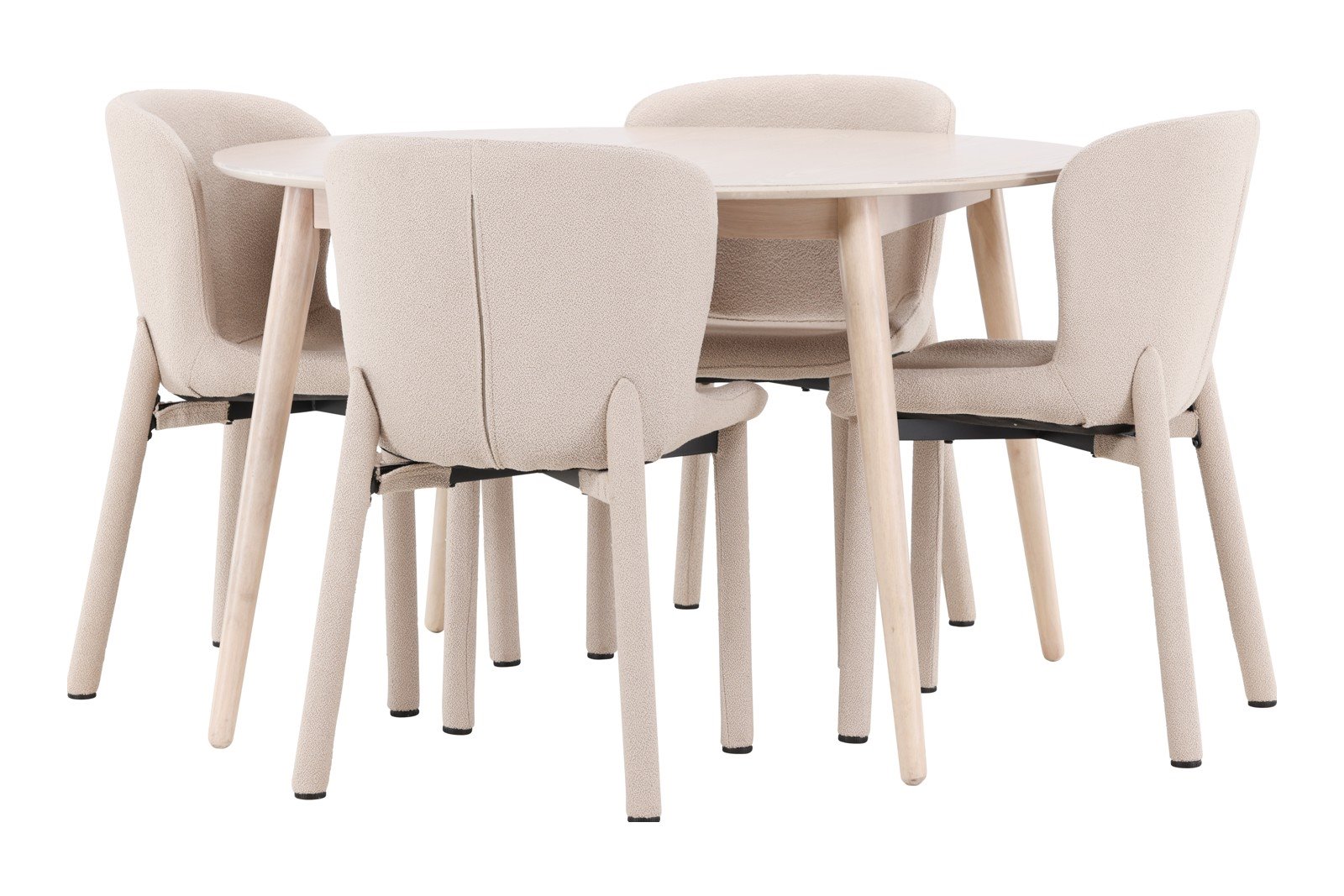 Flora og Astoria Spisegruppe Flora rundt spisebord ø120cm i hvitlasert med 4 stk. Astoria spisestoler i Beige bouclé.