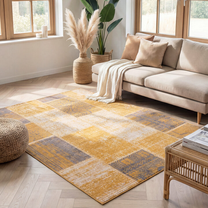Patchwork vloerkleed - Spring Okergeel/Taupe | Warm