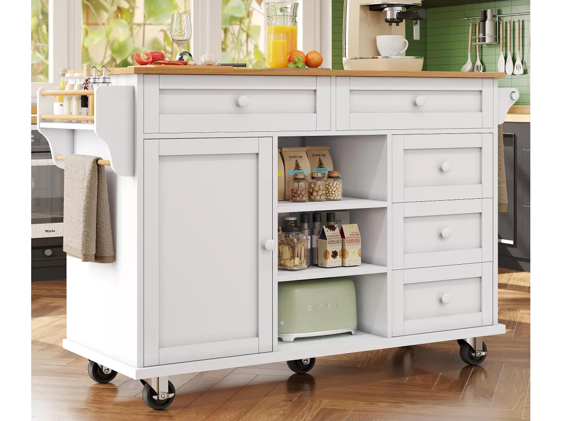 Ilot central de cuisine mobile - 5 tiroirs et 5 compartiments - MDF - Blanc