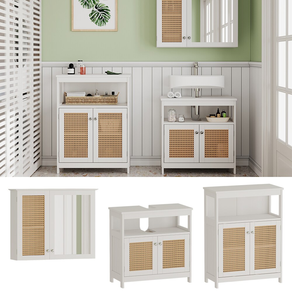 Vicco Badmöbel-Set Rosario, Weiß, moderne Serie, Badezimmer, dekorative Front, Spiegelschrank, Waschtischunterschrank, Sideboard
