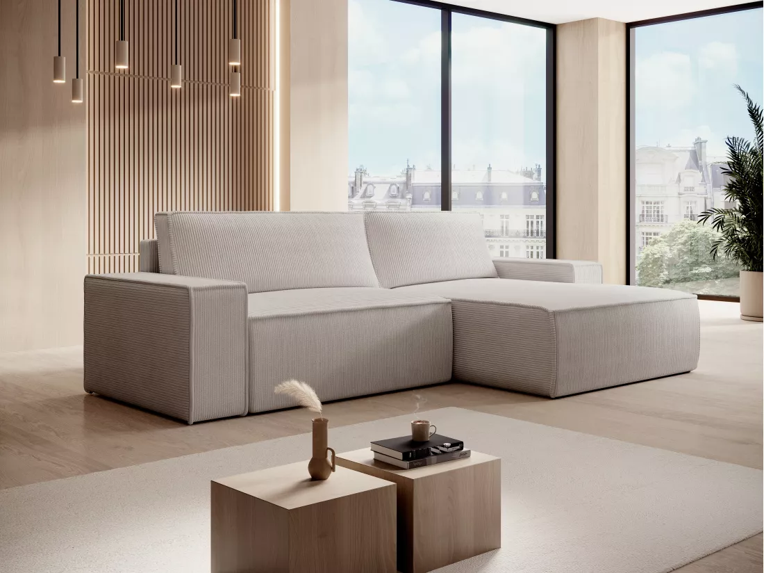 Canapé d'angle droit en velours côtelé beige AMELIA