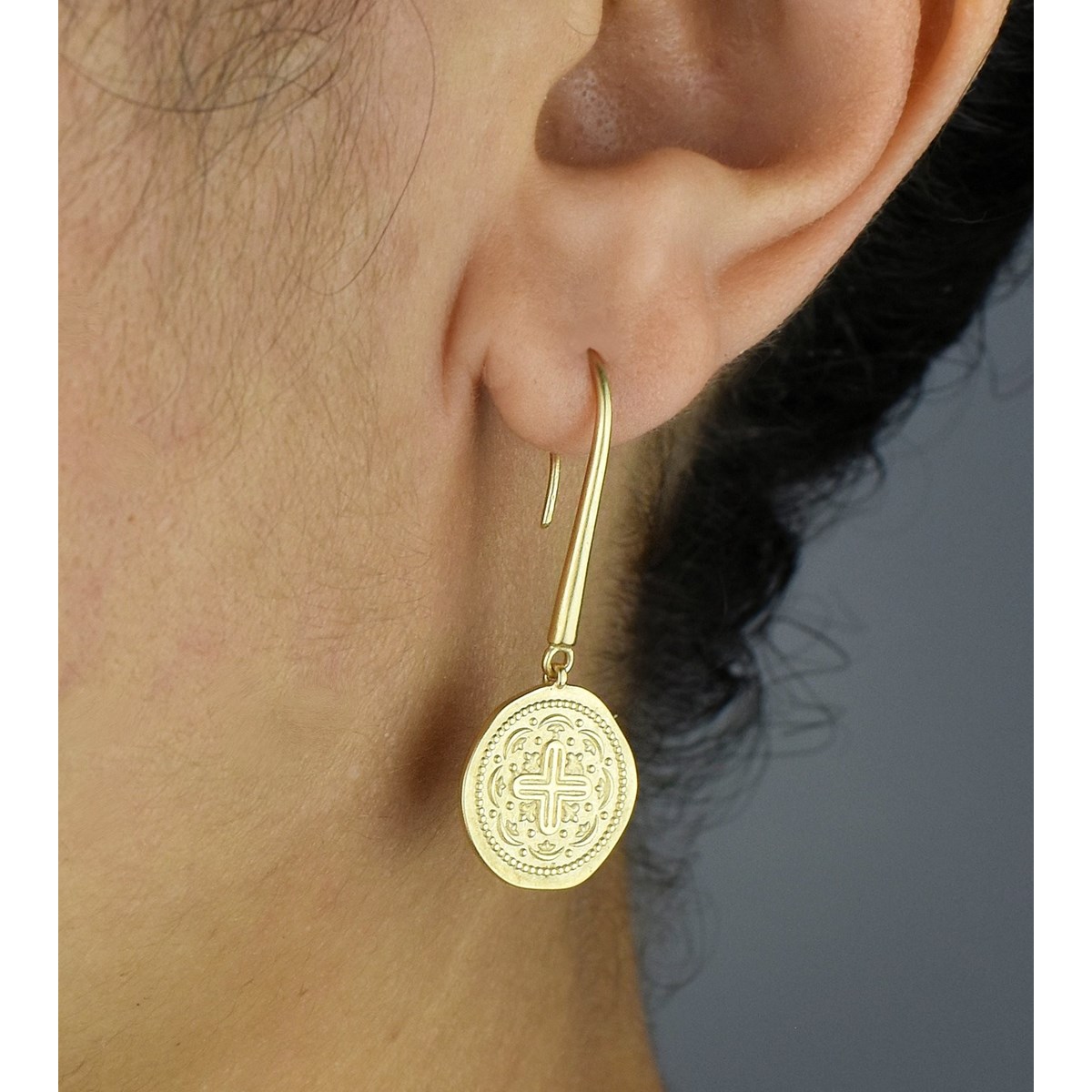 Boucles d'oreilles croix médaille antique Plaqué OR 750 3 microns