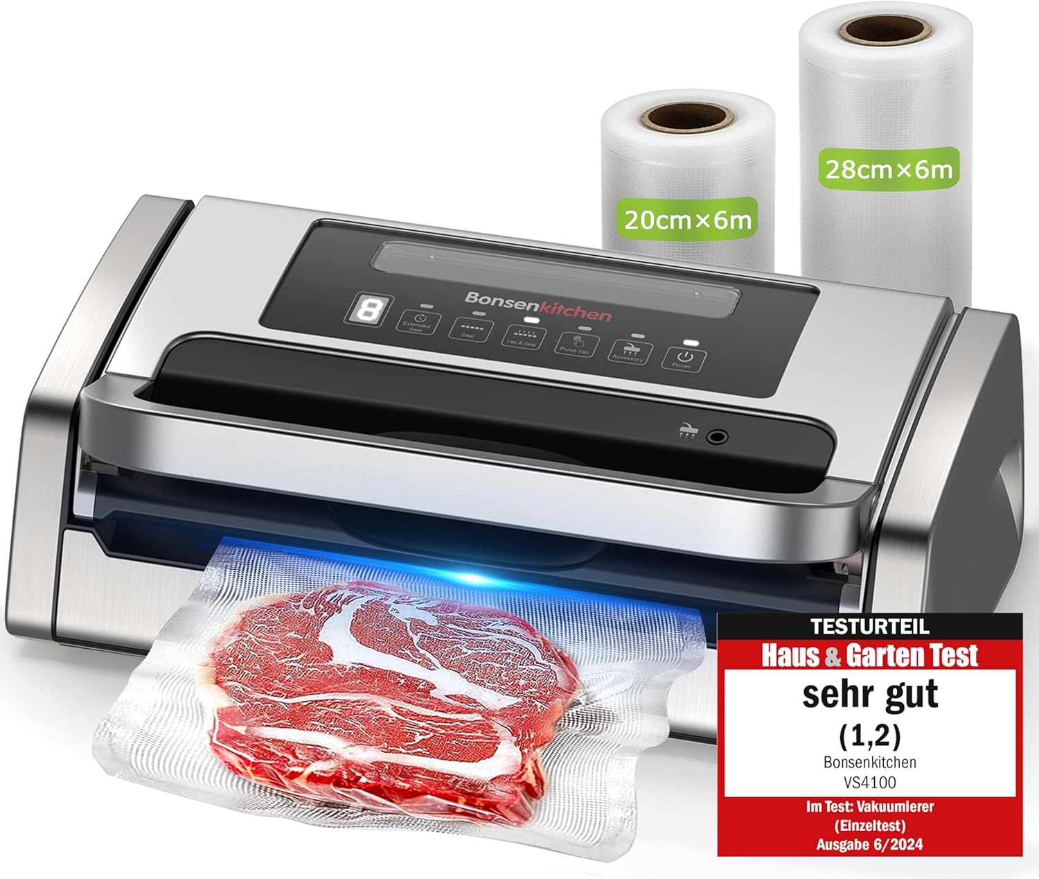 Bonsenkitchen Vakuumiergerät, Vakuumierer-15L/Min Hochleistung, Testsieger Sehr Gut, Design mit Griffverriegelung und Integrierter Schneider, inkl.2 Rollen Vakuumrollen, Silber