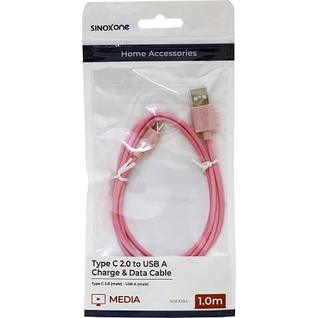 Sinox One USB C til USB A kabel. 1m. Pink
